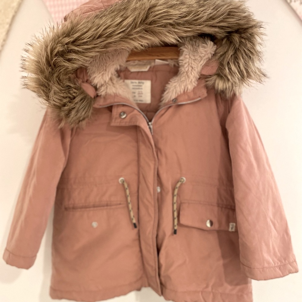 Zara baby outerwear collection - blush pink puffer with faux fur hood size 3/4T